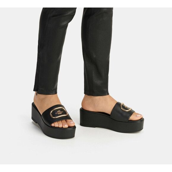 Coach Eloise Sandal Women's Black Slip on Leather Upper Comfort Logo Design - Picture 2 of 5